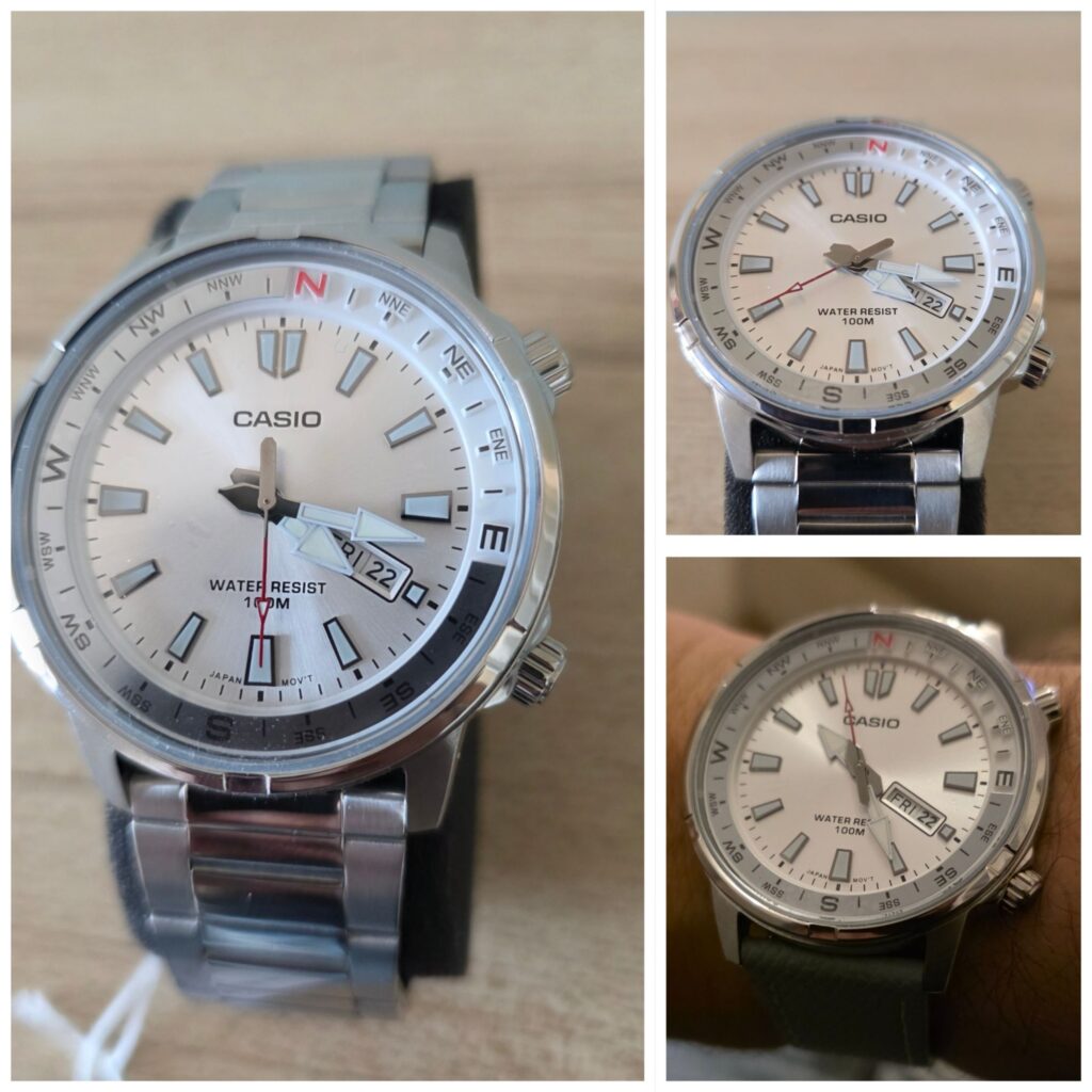 Collage of the Casio MTD-130D-7A with silver dial and white internal compass bezel, Face on dial shots showing full dial and bracelet