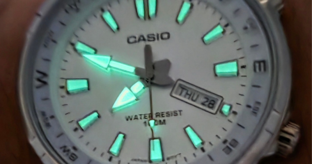 Casio MTD-130D-7A silver dial with white internal rotating compass bezel hands and indices are lumious