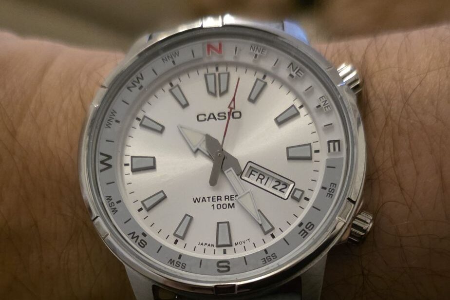 Casio MTD-130D-7A with silver dial, on wrist