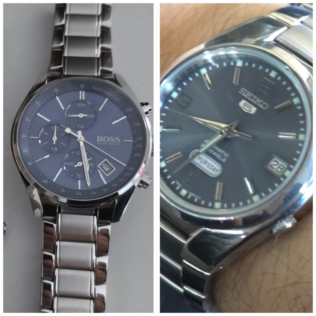 Collage of the BOSS Grand Prix Chronograph and Seiko 5 Grey Dial SNK621K1