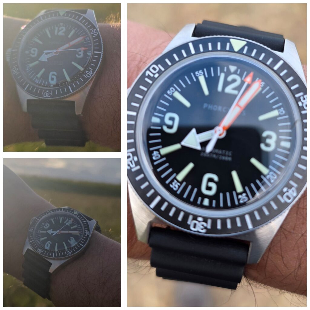 Close-up product shot of the Phorcydes PH-4B vintage-inspired skin diver watch featuring a black dial, ceramic bezel, and distinctive 3D block hour markers against a clean background.