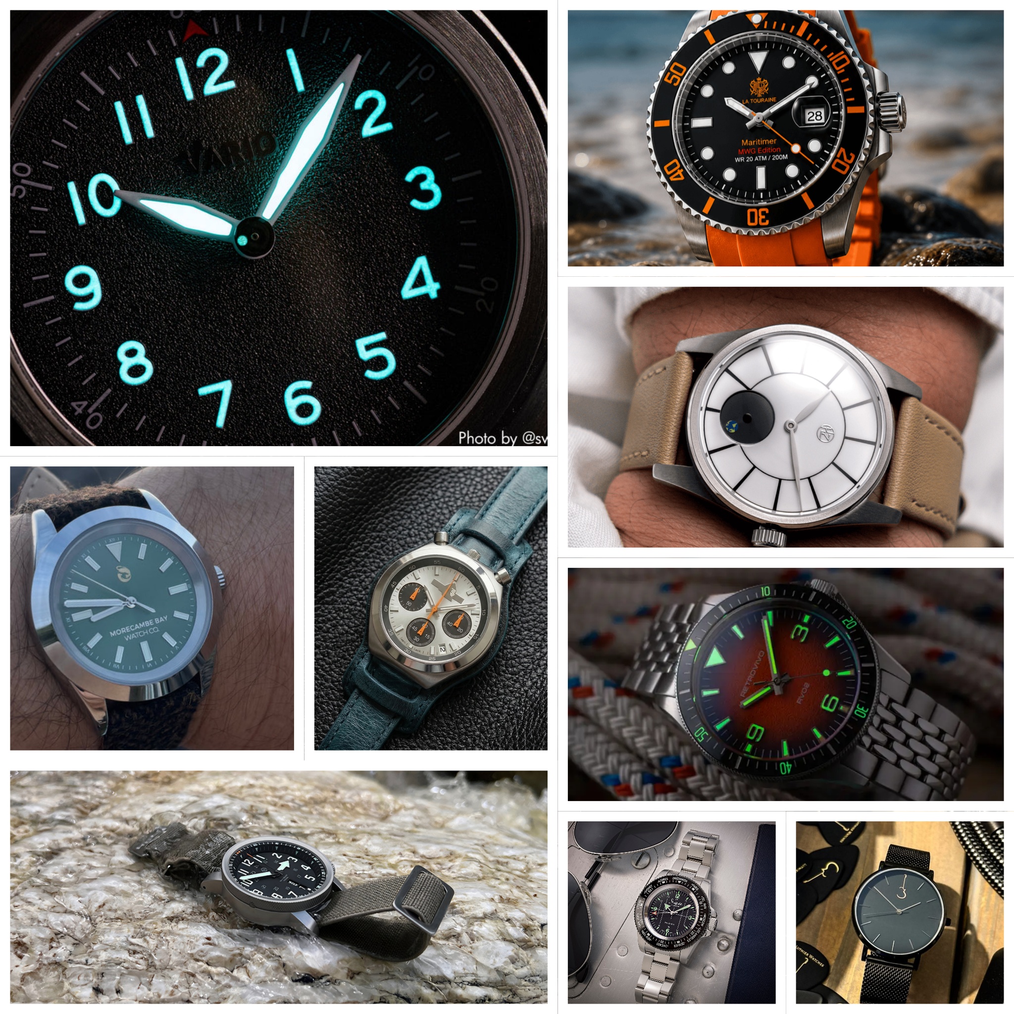 Photo collage displaying eight various microbrand watches, including field, diver, chronograph, and dress models.