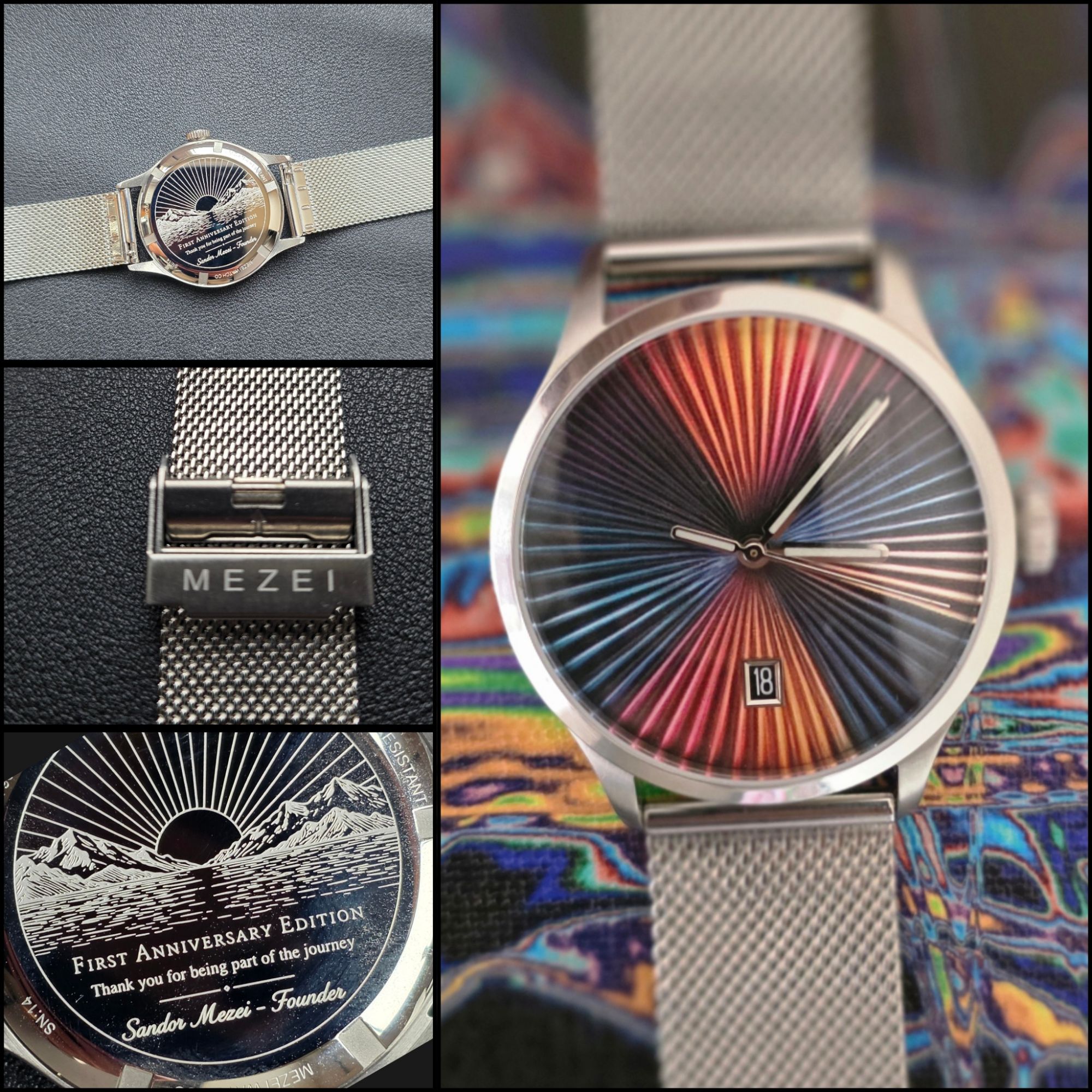 Review: Mezei First Anniversary Edition Four-panel collage featuring the Mezei First Anniversary Edition watch, including a front view on a colorful background, engraved exhibition caseback with mountain sunrise motif, engraved mesh strap clasp, and close-up caseback text.