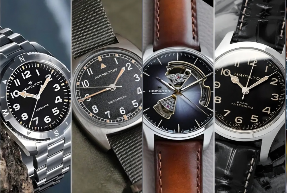 Four Hamilton brand men's wristwatches displayed side by side featuring steel bracelets, leather straps, and an open-heart dial design.