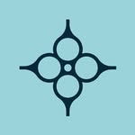 Dark blue geometric floral emblem logo of Beaucroft Cambridge centered on a light teal background.