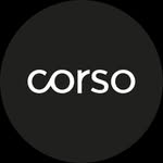 Circular minimalist Corso brand logo featuring clean white lowercase typography inside a dark grey badge.