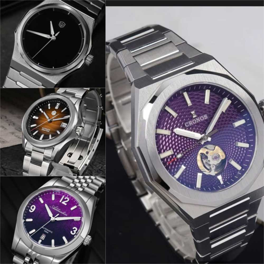 Grid of four stainless steel automatic watches featuring purple, brown, and black textured dials with open-heart and integrated bracelet designs.