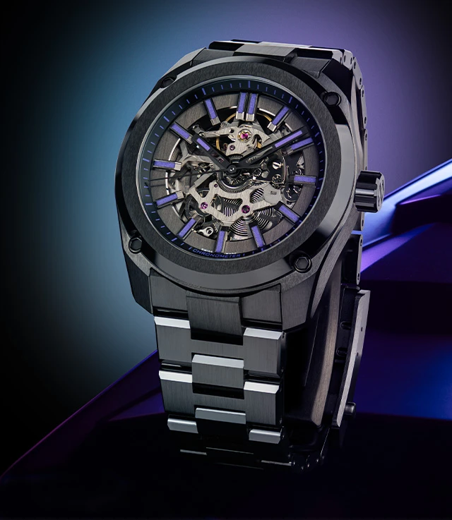 Formex Studio shot of a black Formex Essence Skeleton COSC watch featuring purple hour markers, an openworked skeleton dial exposing mechanical movement gears, and a black bracelet.