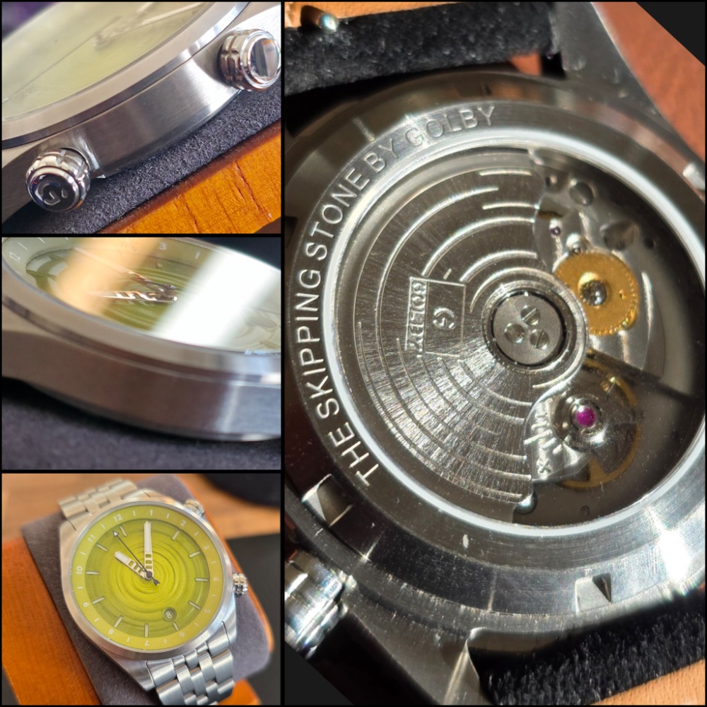 A collage featuring a close-up of the open sapphire case back displaying the engraved automatic rotor for The Skipping Stone by Golby alongside dual crown and case side profile shots.
