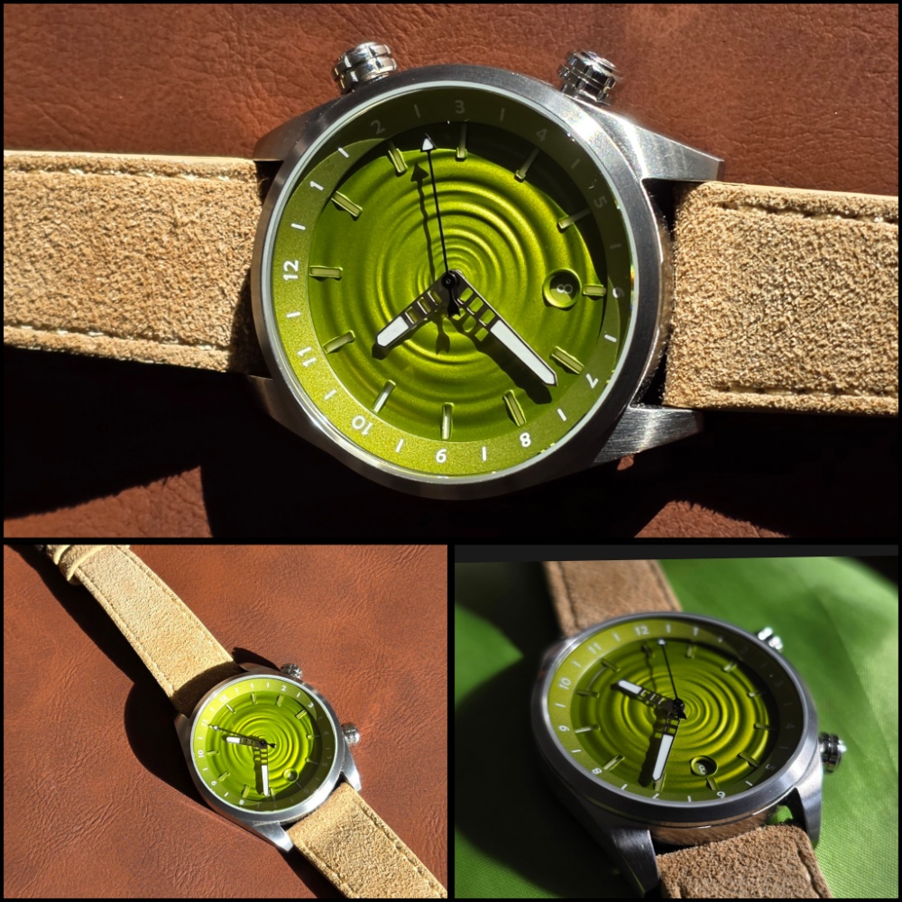 A collage of three photos showcasing The Skipping Stone by Golby watch featuring a vibrant lime-green ripple dial paired with a light tan suede leather strap.