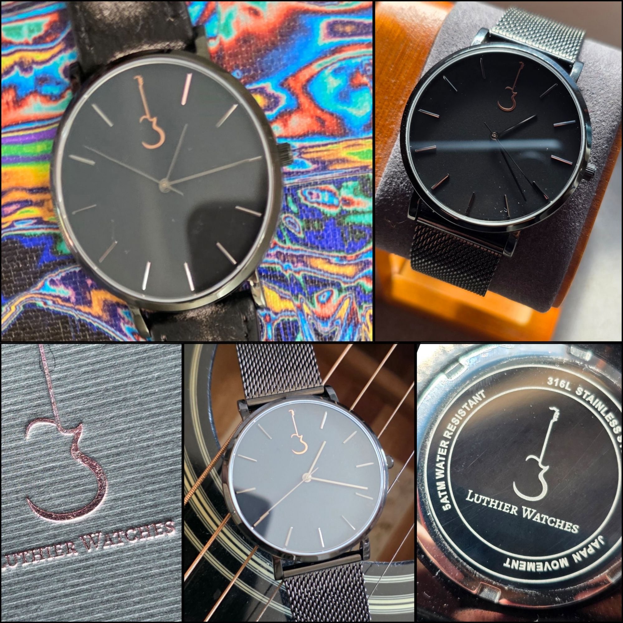Review: Luthier LP Detail gallery of the Luthier LP Black watch including caseback etching, dial close-up, and logo packaging.