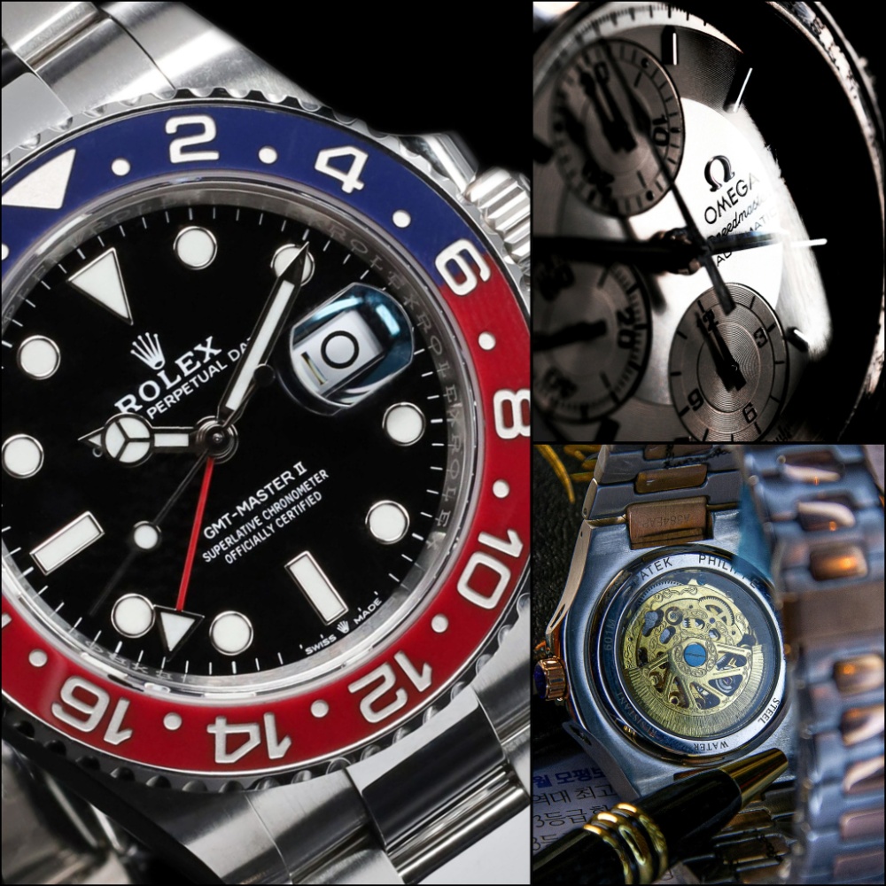 Collage showing a red and blue Rolex GMT-Master II bezel, an Omega chronograph dial, and a Patek Philippe transparent case back