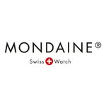Official Mondaine logo featuring clean black typography and the signature red Swiss watch icon on a white background.