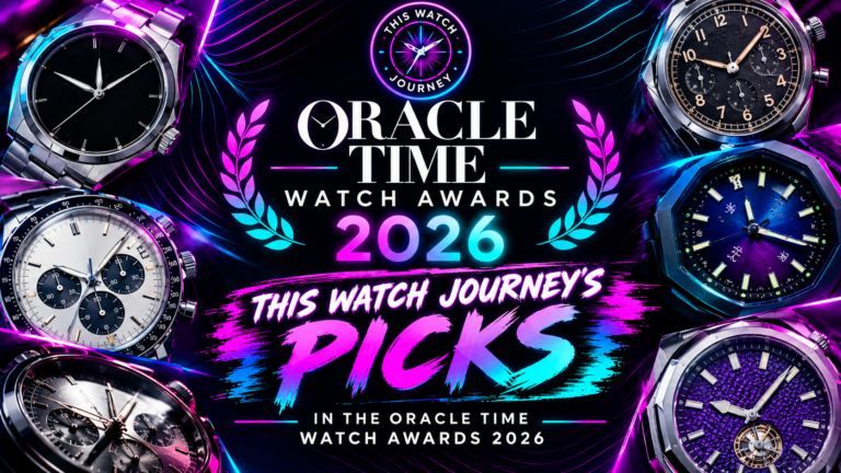 This Watch Journey logo featuring a black watch face with neon pink and purple accents, used for the Oracle Time Watch Awards 2026 article showcasing This Watch Journey’s picks.