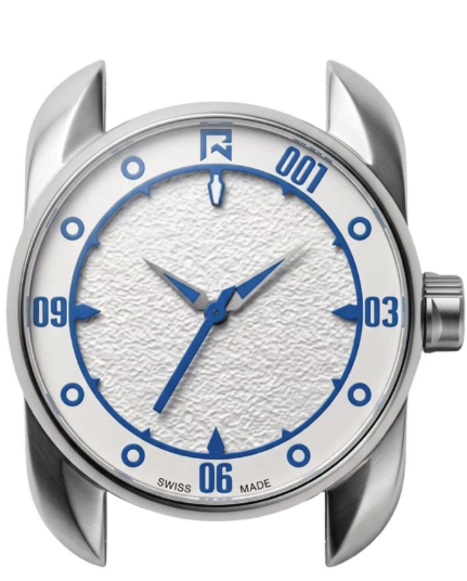 Protocol Watches Direct top-down studio render of a Protocol watch featuring a textured white center dial, blue outer chapter ring with numerical hour markers at 01, 03, 06, and 09, blue hands, and polished stainless steel case.