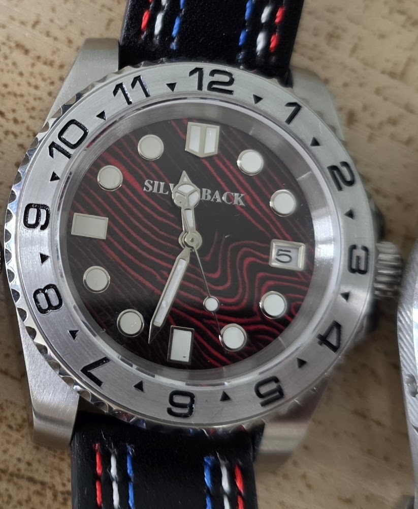Silverback stainless steel GMT watch featuring a red wavy line textured dial, rotating bezel, and black leather strap with tri-color stitching