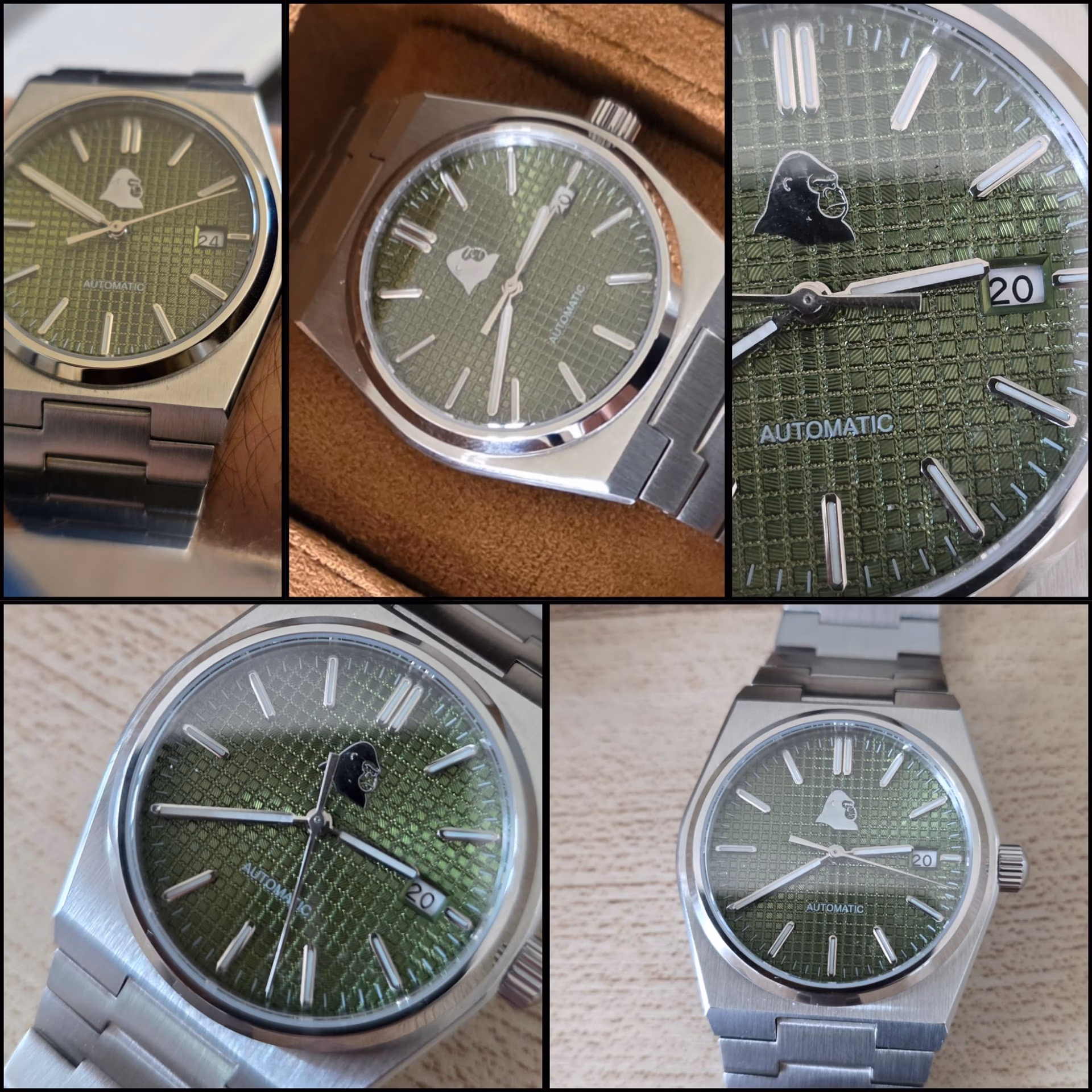 Review: Silverback Watches Interceptor Collage of images showing close-ups of the Silverback Interceptor watch. It has a green waffle dial and a stainless steel case.