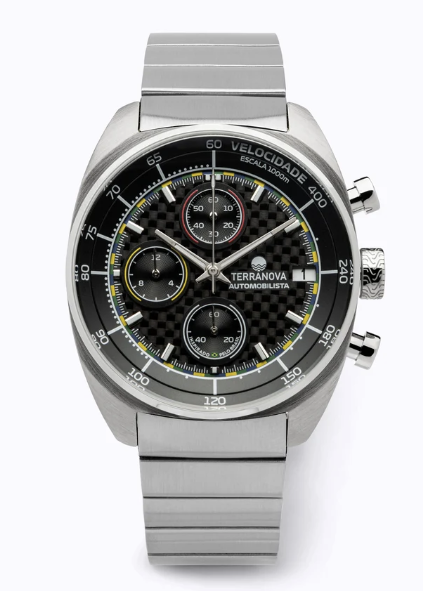 Terranova Watches Top-down studio render of the Terranova Automobilista chronograph watch with a black carbon-fiber textured dial, triple sub-dials, tachymeter scale bezel, and integrated stainless steel bracelet.