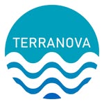 Circular blue Terranova logo featuring brand typography set above white wave graphics.
