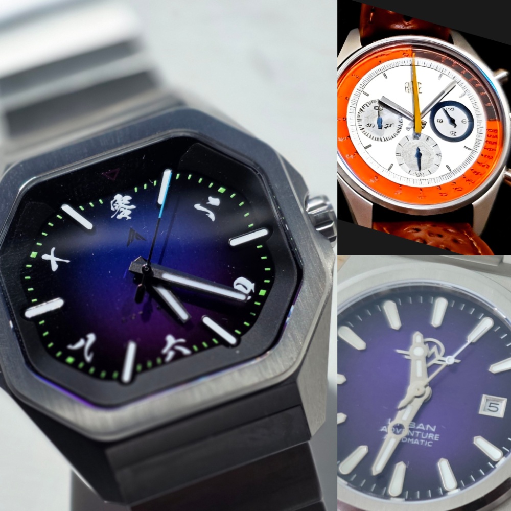 Three microbrand wristwatches showing a dark purple dial with Japanese kanji numerals, an orange ringed chronograph, and an urban automatic watch.