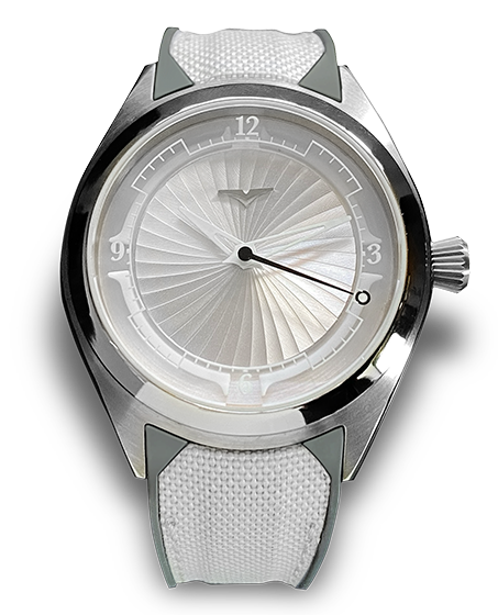 Valour Watches Studio product shot of a Valour watch with a pearlescent white mother-of-pearl sunburst dial, Arabic numerals at 3, 6, 9, and 12, and a textured white fabric strap on a clean white background.