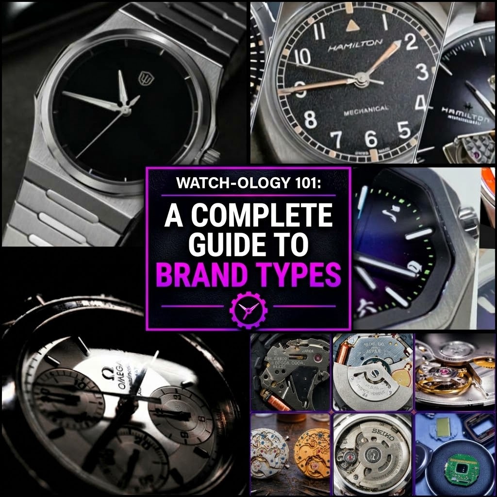A central infographic with a purple and white logo that reads "WATCH-OLOGY 101: A COMPLETE GUIDE TO BRAND TYPES" surrounded by a grid of photos featuring various luxury and automatic watch models, including a minimalist black dial watch, an open-heart dial, an Omega Speedmaster, and multiple mechanical watch movements showing intricate gears and components.